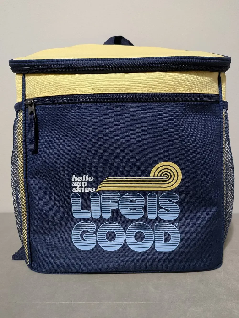 Life Is Good Large Insulated Cooler Backpack - Hello Sun Shine - Yellow And Navy